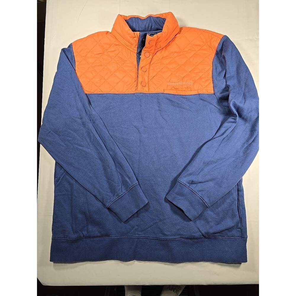 Vineyard Vines Quilted Snap Pullover Sweatshirt Hoodie Blue Orange XL Shacket